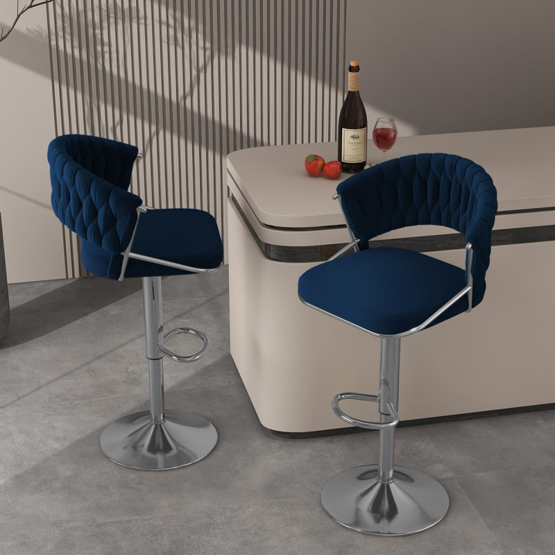 Christal Height Adjustable Swivel Bar Stool, Navy Blue, Silver