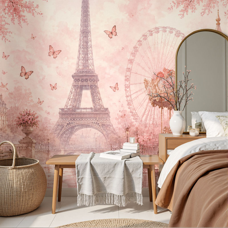 Papier peint adhésif peler et coller romantique rose scène de Paris Tour Eiffel carrousel mural H 100 po x l 144 po amovible papier adhésif mural en PVC pour le salon de la chambre bureau à domicile