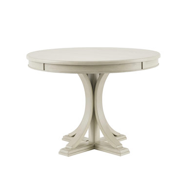 Table ronde de 44 po avec finition crème antique, placage en bois massif et pieds, salle à manger, 4 à 6 places assises, table d'assemblage requise, plateau