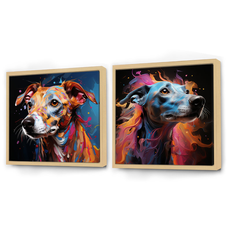 Ensemble de 2 animaux Playfull Dog Whippet Popart - animaux, Cadre flottant brun, H 36 po x l 73 po