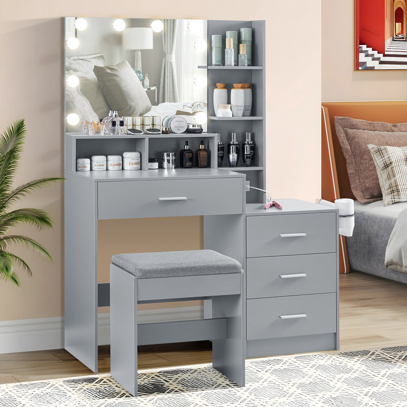 Ensemble de coiffeuse avec tabouret et miroir Dannyell, Gris