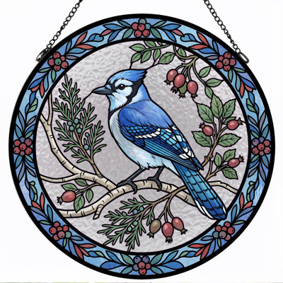 Blue Jay Stained Glass Window Panel，12"H