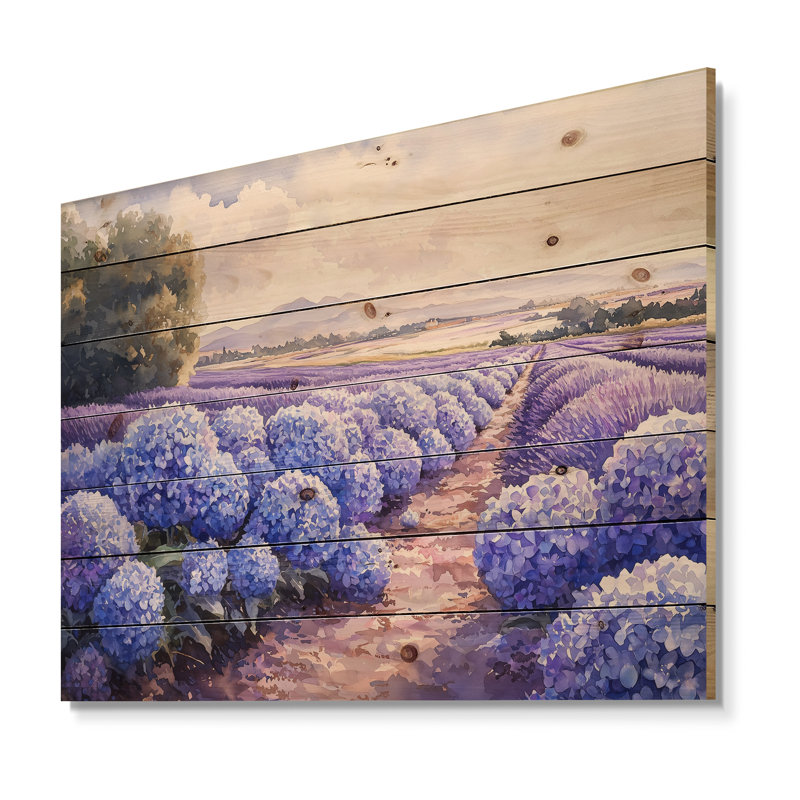 Hortensias dans le champ de lavande II - Art mural en bois d'hortensias - sur bois de pin naturel, H 10 po x l 20 po