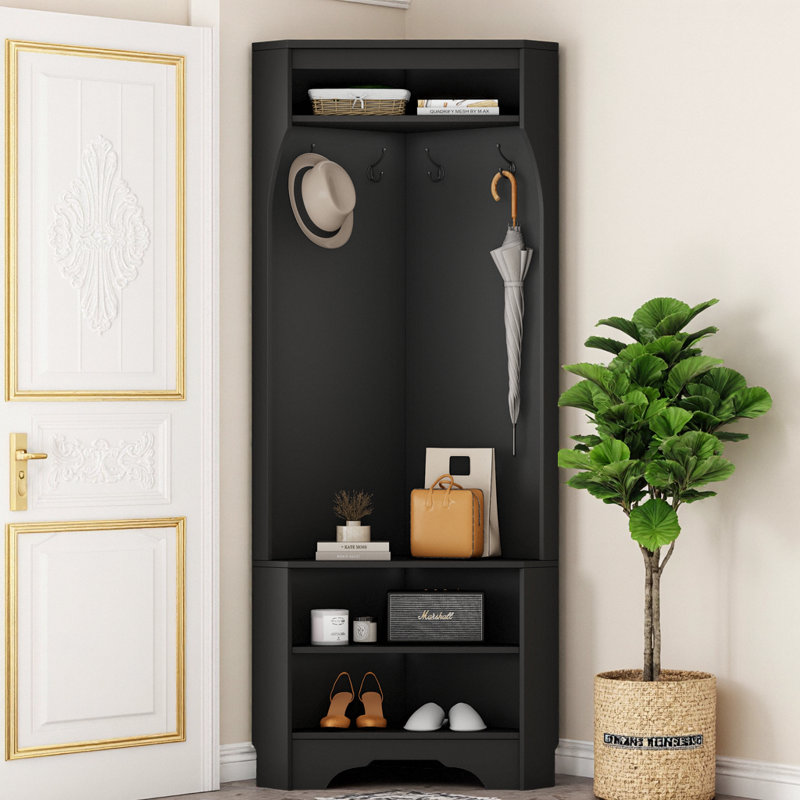 Minimalist Corner Hall Tree with Shoe Bench & Coat Rack - Black Entryway Storage Cabinet, 29.5'' W x 71.6'' H, Black