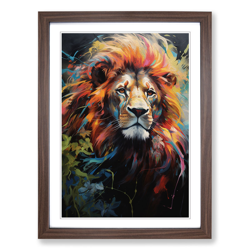 Lion Hard Edge - Single Picture Frame Print on Wood, 64cm H x 46cm W x 2cm D, Walnut