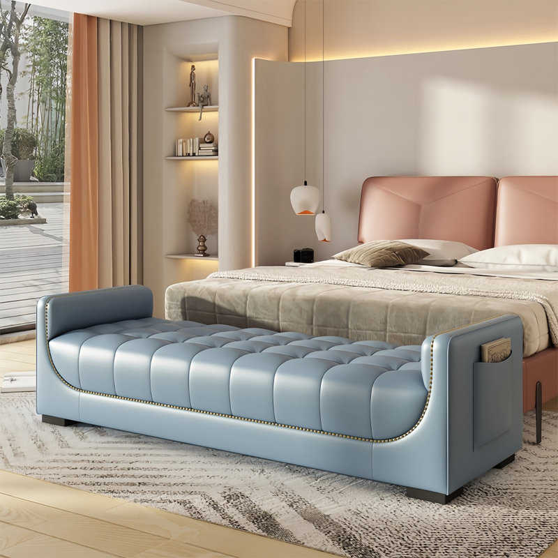 Tabouret de lit italien luxueux, 21.25" H x 70.86" W x 23.62" D, Bleu
