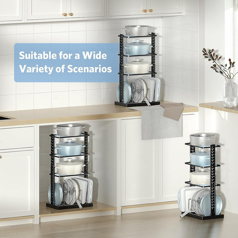 Support réglable réglable pour organisateur de casseroles et de poêles - sous l'armoire, peut contenir 9 ustensiles de cuisine, noir