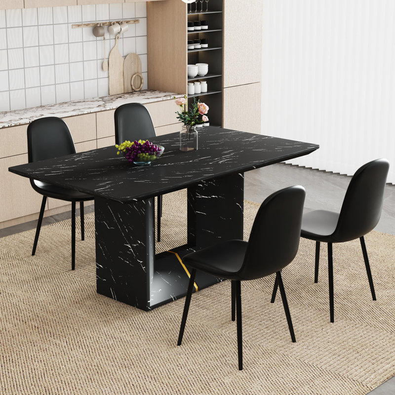 Élégante salle à manger avec table en marbre noir et 4 chaises rembourrées, Noir, 5 pièces: table, 4 chaises