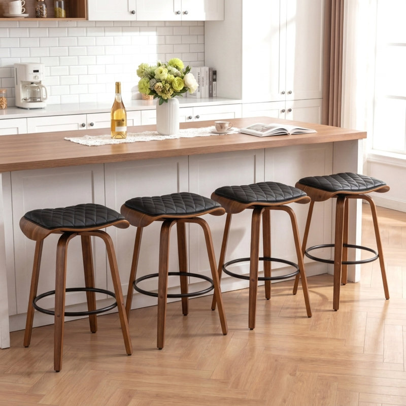 Hudspeth Modern Upholstered Faux Leather 360° Swivel Wooden Stools(Set Of 4), Black