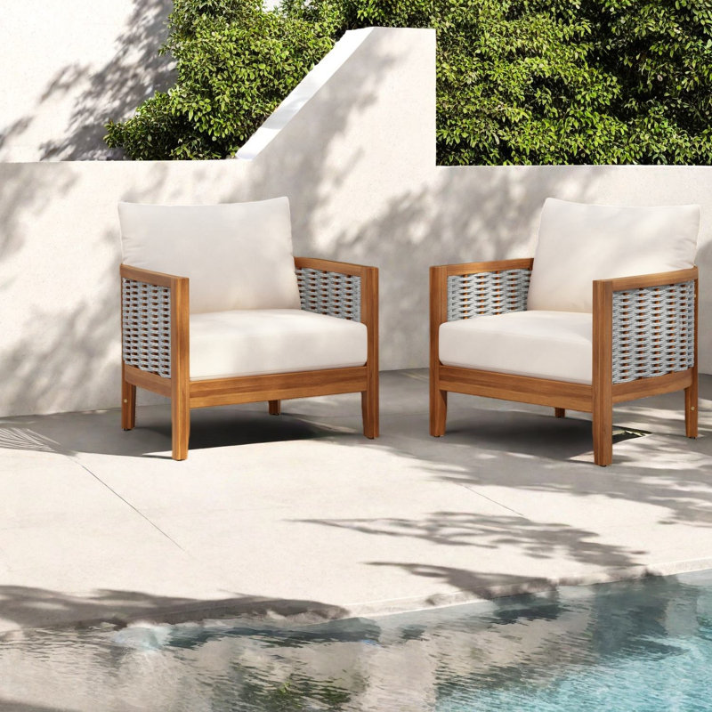 Chaises longues modernes en teck et beige, bois d'acacia avec coussins pour porche et jardin