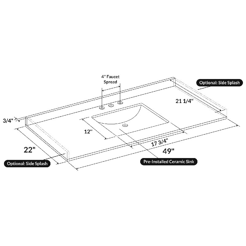 Plateau de meuble-lavabo simple 49 po avec lavabo, Centres de 4 po