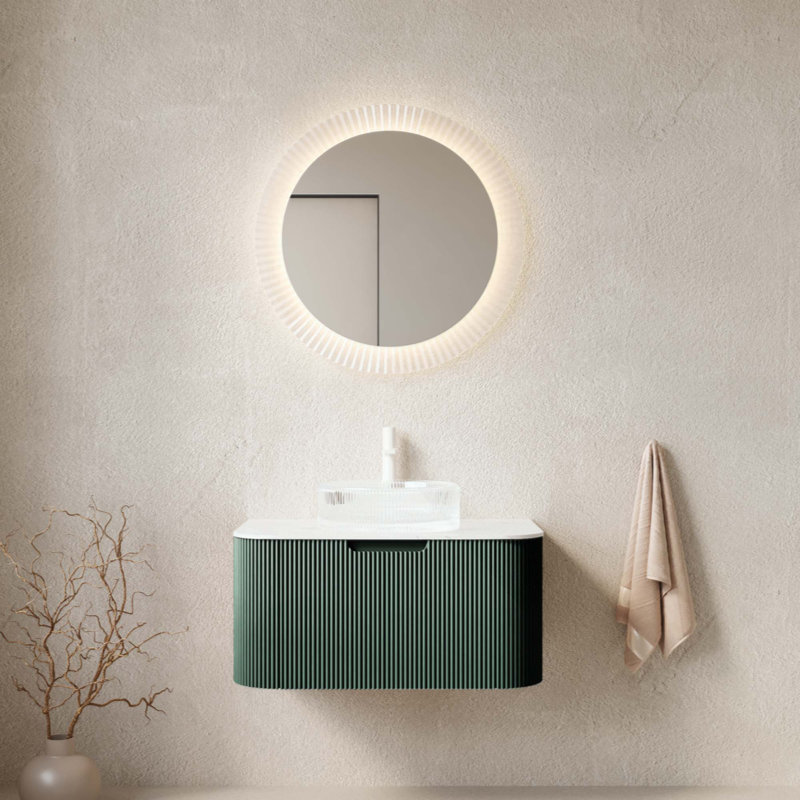 Meuble-lavabo de salle de bain, armoire de salle de bain en contreplaqué rayé à bords arrondis avec tiroir, vasque en cristal et plateau en pierre frittée, pré-assemblé