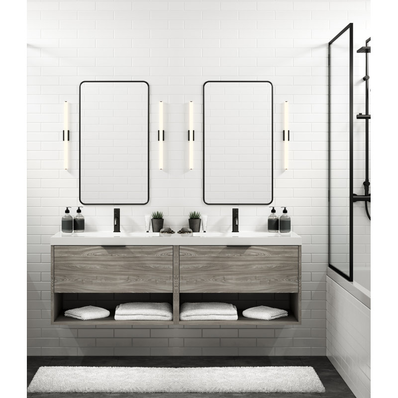 Modo 72" W Wall Mounted Double Bathroom Vanity, Glossy White/8" Widespread, White Acrylic, Polished Nickel