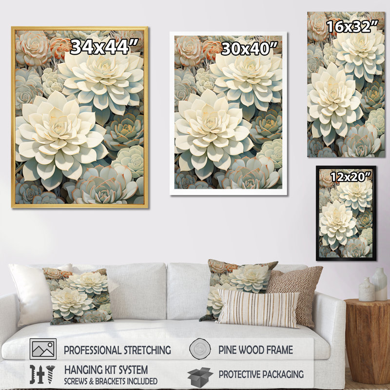 Beige succulent doux Bloom II, H 44 po x l 34 po x P 1,5 po, Cadre simple argenté