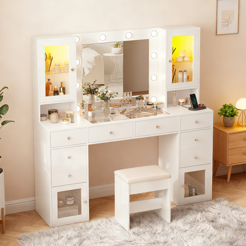55" Large Makeup Vanity Desk With Mirror And Lights, Glass Top Vanity Table With Power Outlet & Lighted Glass Cabinet, Dressing Table With 3 Colors Lights For Bedroom Dressing Room, White