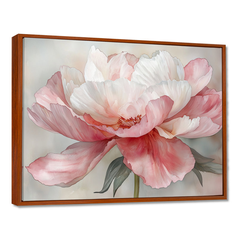 «Soft Blush Peony Symphony», art mural coquelicots pour le salon, H 30 po x l 40 po, Cadre flottant brun
