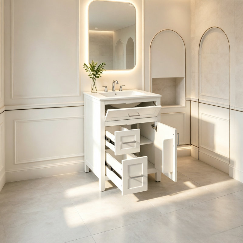 Meuble-lavabo moderne de 61 cm (24 pouces) avec lavabo en céramique, structure en bois massif et caisson en MDF, fini blanc, poignées argentées, 1 porte et 3 tiroirs, blanc