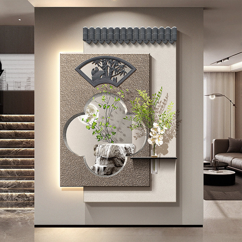 Nouvelle présentation de plantes vertes hydroponiques en grès de style chinois avec peintures murales illuminées