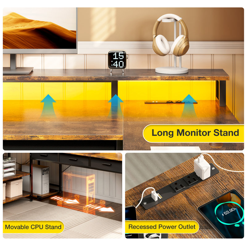 L-shaped Desk With Under-desk Drawers,computer Desk With Cabinet ,reversible Desk Power Sockets & Led Light Strips,home Office Desk With Monitor Stand