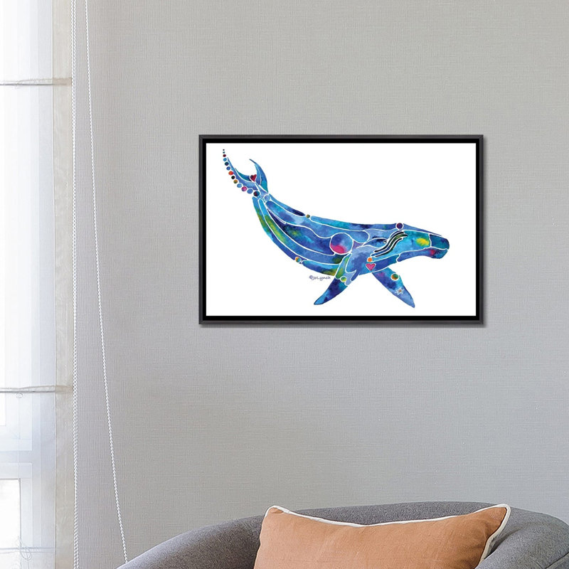 " Whale Humpback Ocean " by Jo Lynch, 18" H x 26" W x 1.5" D, No Matte, Distressed Black Framed Canvas