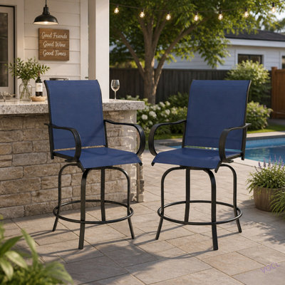 Tabourets de bar d'extérieur avec accoudoirs, ensemble de 2 chaises de patio pivotantes à 360 ° avec tissu en maille haute densité, chaises de salle à manger à cadre en acier pour balcon, bord de piscine, cour