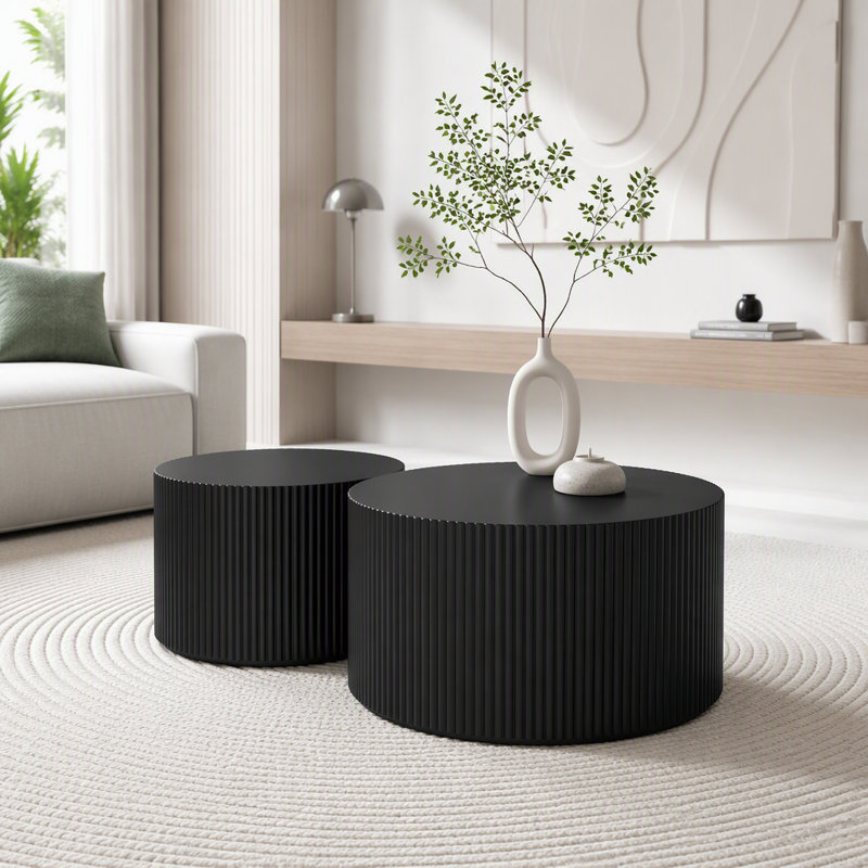Ensemble de 2 tables basses gigognes à rayures ondulées, L 23,62 po, Noir