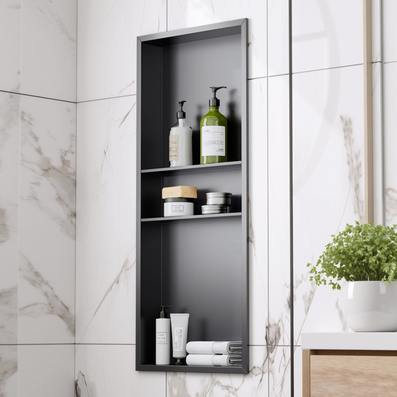 16" W X 40" H X 4" D Waterproof Recessed Shower Niche With 3 Shelves In Matte Black, No Tile Needed, Matte Black