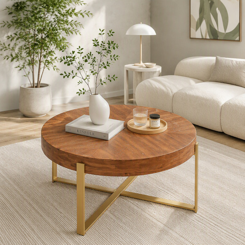 Table basse ronde rétro avec plateau en bois de sapin, H 17,72 po x L 33,86 po x l 33,86 po, Doré