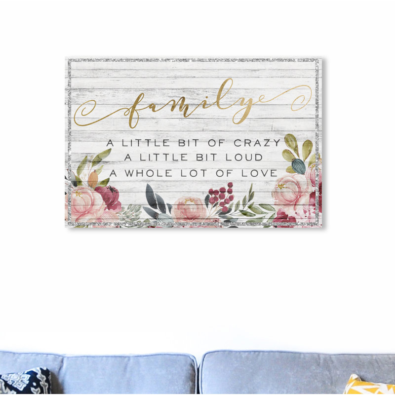«Family Floral Love» - Art textuel, H 20 po x l 30 po x 1,5 po, Toile tendue