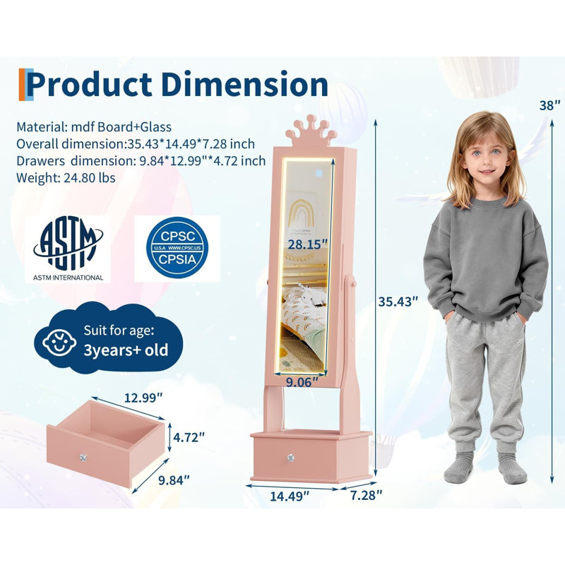 LED Vanity Mirror with Jewelry Storage, Princess Style Wooden Armoire with Lights and Drawers for Girls Dress-Up, Freestanding Dresser with Jewelry Organizer.