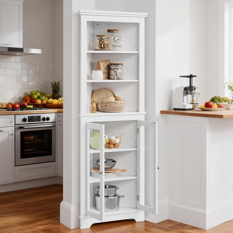 Corner Storage Cabinet, 65" Tall Freestanding Bookcase with Glass Doors & Adjustable Shelves, Farmhouse 5-Tier Corner Display Cabinet for Living Room, Bathroom