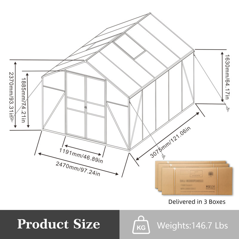 Base surélevée à double porte en polycarbonate et serres en aluminium robustes, H 93,31 po x l 121,26 po x P 97,24 po