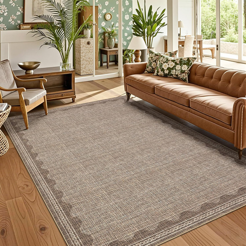 Washable Rug Gray Long Non-Slip Carpet Foldable Bordered Low Pile Stain-Resistant Indoor Accent Mat, Rectangle 5' x 7'