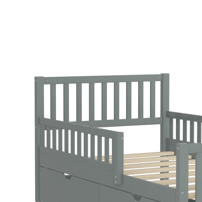 Lit plateforme en bois avec garde-corps des deux côtés et deux tiroirs de rangement, gris, Simple