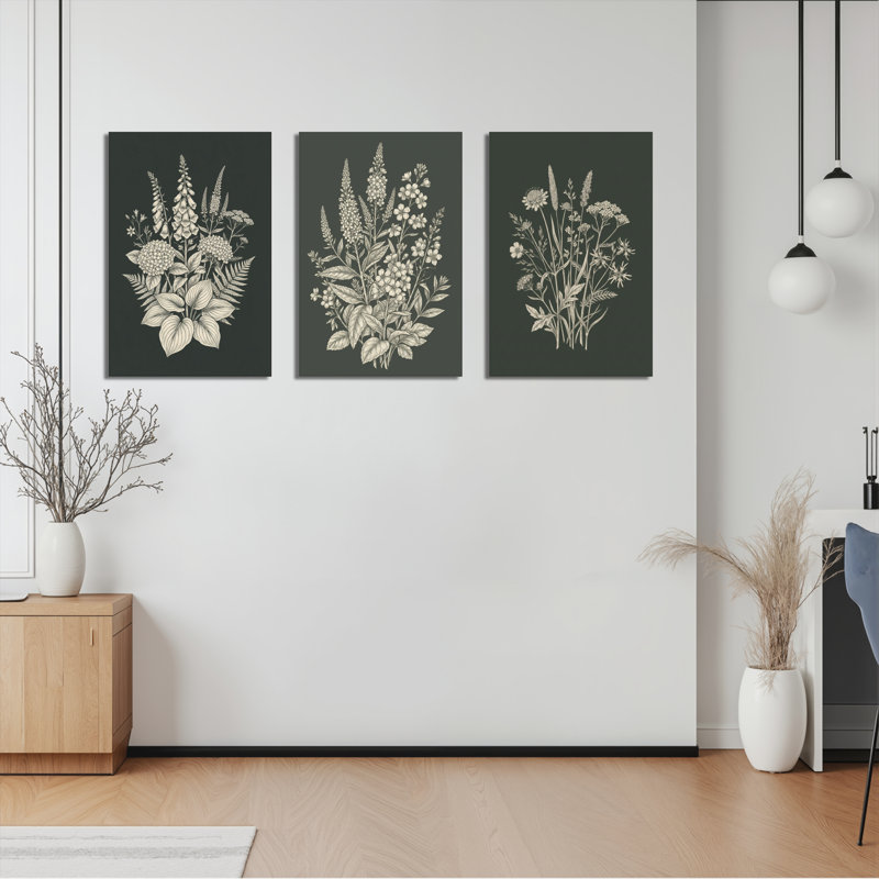Botanique à motif floral sur toile tendue, ensemble de 3 décorations pour salon, H 30 po x l 60 po