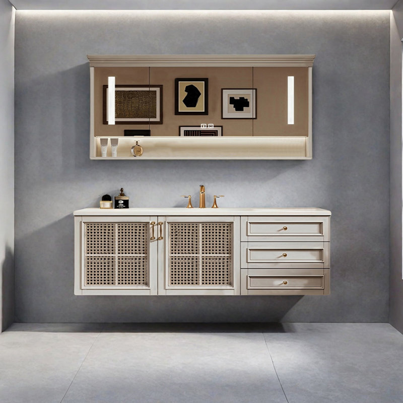 Retro-style rattan bathroom cabinet, 21.65" H x 59.05" W x 21.65" D
