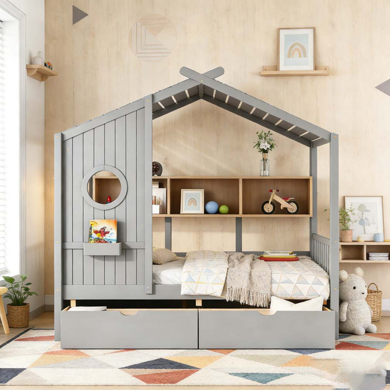 Lit en bois avec 2 tiroirs, Lit double, Gris