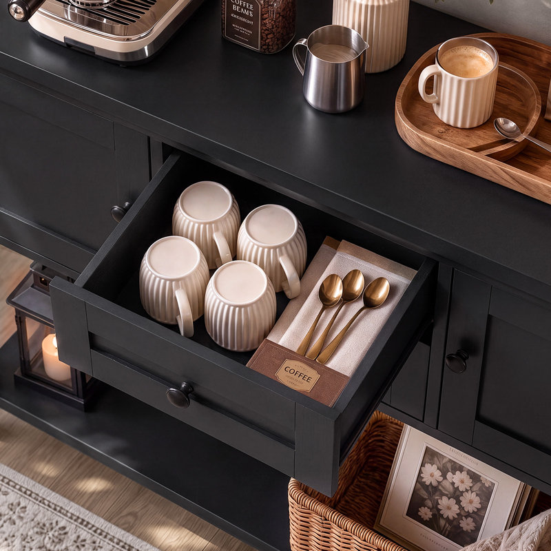 Console Farmhouse de 41,7 po de largeur avec prise de courant et ports USB, 2 armoires, 2 tiroirs, canapé d'entrée, table de rangement latérale pour le salon, le café et le couloir