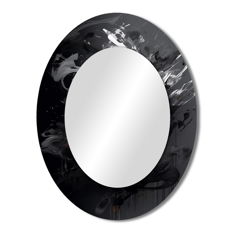 Exploring The Depths Of Black Marble IX - Abstract Oval Decorative Mirror On Metal, 43" x 33"