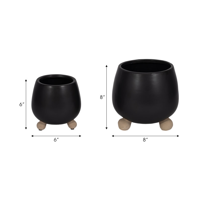 Ereka Stoneware and Ceramic Footed Round Planters with Triple Ball Base Design Set of 2, Black
