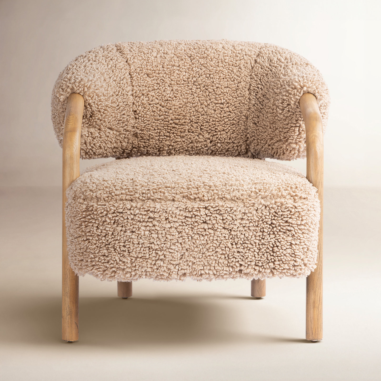 Citrine Shearling Upholstered Armchair, Andes Toast Faux Shearling, Almond Oak