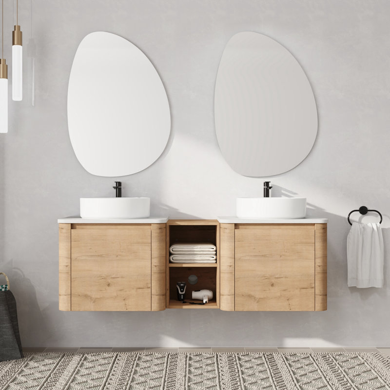 Meuble-lavabo double 60 po avec lavabo en céramique, Blanc, 60"