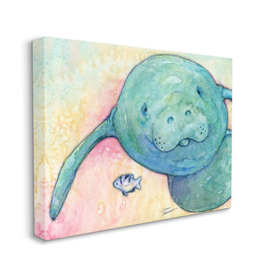 «Souriant lamantin, faune aquatique, motif arc-en-ciel» par Steve Vanderbosh - Peinture rectangulaire sur toile