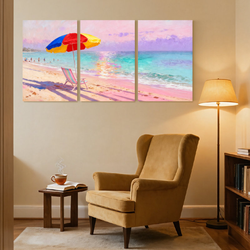 Ensemble de 3 reproductions d'art sur toile, plage et parasol, H 24 po x l 48 po