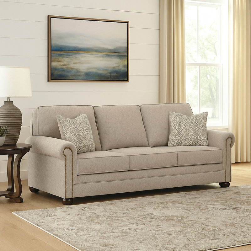 Canapé Gael, polyester gris beige, garniture cloutée brun foncé 87 po
