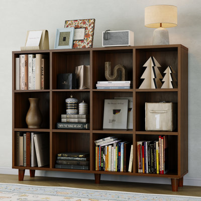 Mid‑Century 12‑Cube Freestanding Bookcase, Open Cubby Storage Organizer for Living Room, Bedroom, Home Office, Redwood‑Tone