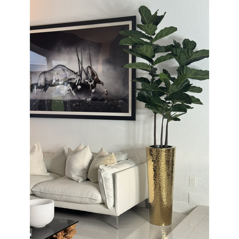 Fiddle Faux Fiddle Leaf Fig Tree in Metal Planter, 96" H x 42" W x 28" D, Gold