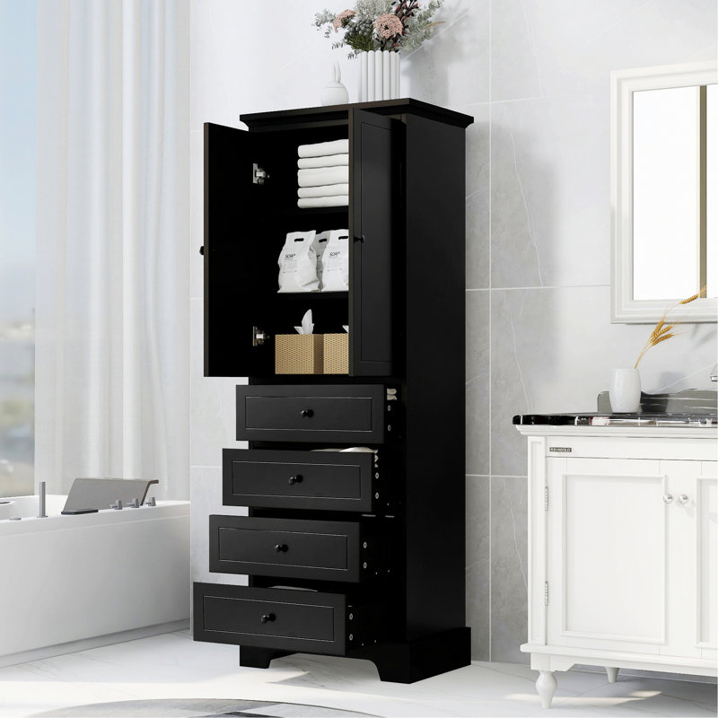 Wooden Frame Cabinet, Bathroom Cabinet, Storage Cabinet With Adjustable Shelf And 4 Drawers For Bathroom, Office