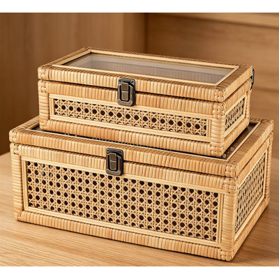 Rattan Decorative Box With Lid, Set Of 2 Natural Woven Storage Baskets - Rectangular Seagrass & Wicker Organizer Bin For Shelf, Tabletop, Boho Home Decor