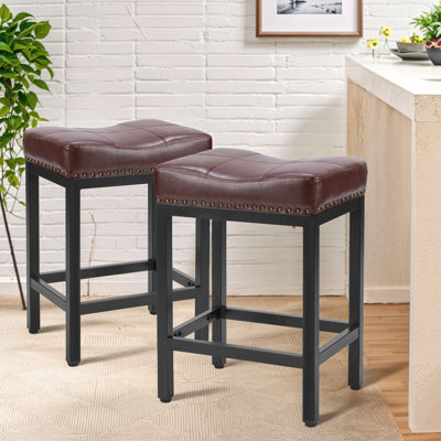 24 inch Counter Height Bar Stools, Upholstered Modern Kitchen Barstools with Metal Base, PU Leather Saddle Stools for Kitchen Island